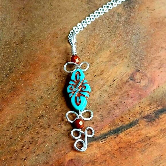 Czech Glass Beaded Pendant Necklace, Turquoise Silver Copper, Boho Statement - Picture 2 of 6
